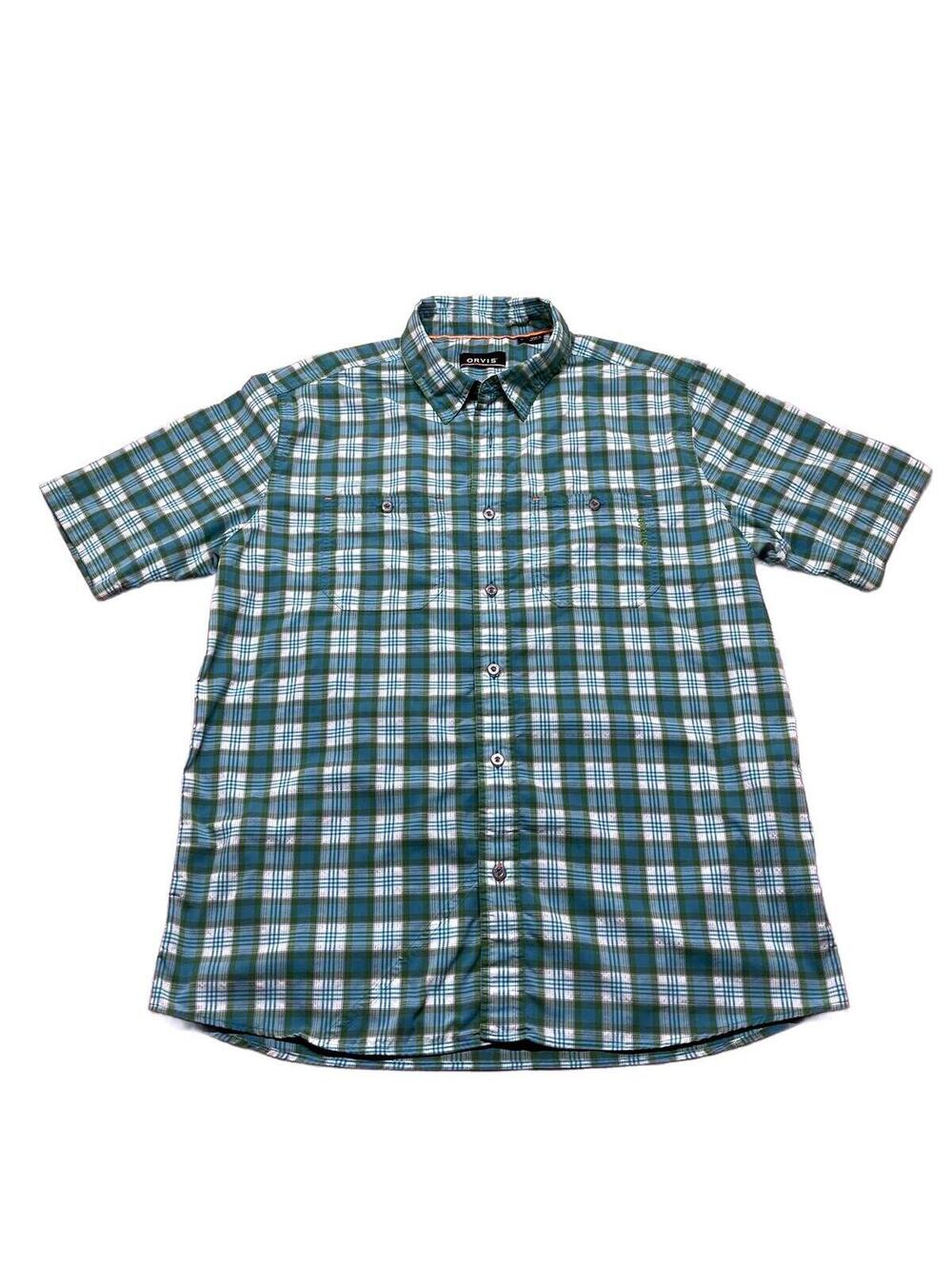 Orvis Men's Green/Blue Plaid Short Sleeve Button-Up Shirt Large